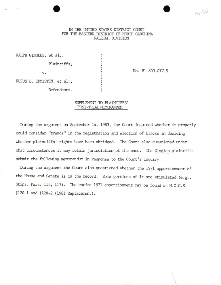 Supplement to Plaintiff's Post-Trial Memorandum preview