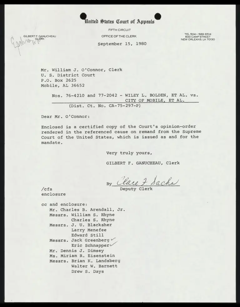 Correspondence from Clerk Ganucheau to Clerk O'Connor preview