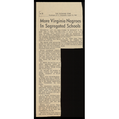 More Virginia Negroes in Segregated Schools -- Evening Star Washington D.C. preview