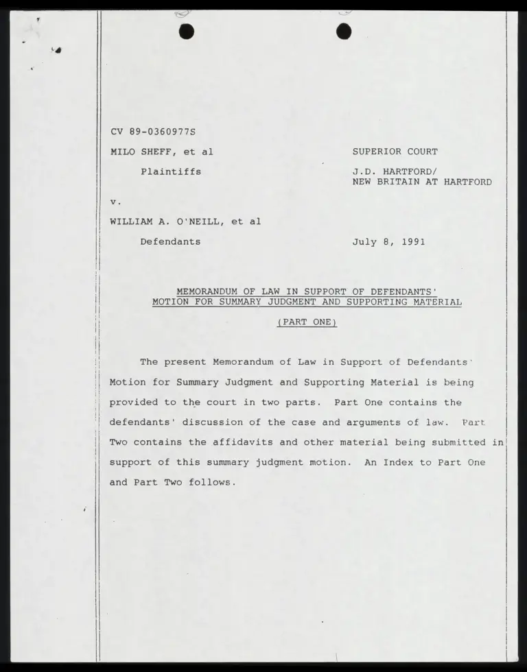 Memo of Law in Support of Defendants' Motion for Summary Judgment and Supporting Material (Part One) with Certification preview
