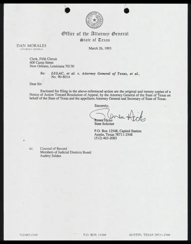 Correspondence from Hicks to Clerk Re: Notice of Action preview