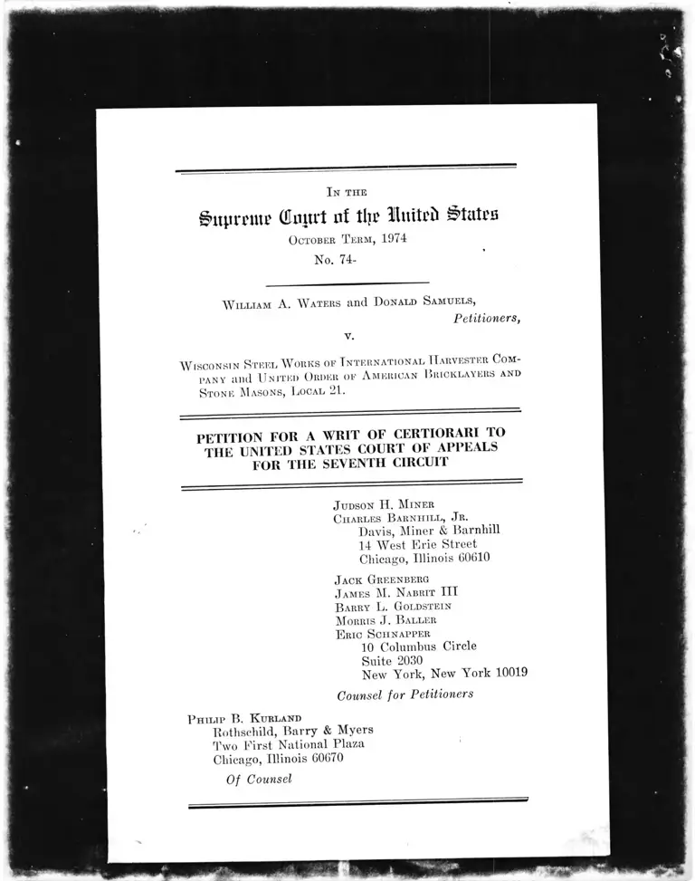 Waters v. Wisconsin Steel Works of International Harvester Company Petition for a Writ of Certiorari preview