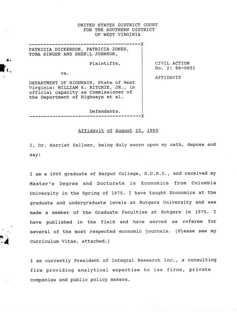 Dickerson v. Department of Highways Affidavit of August 25, 1989 preview