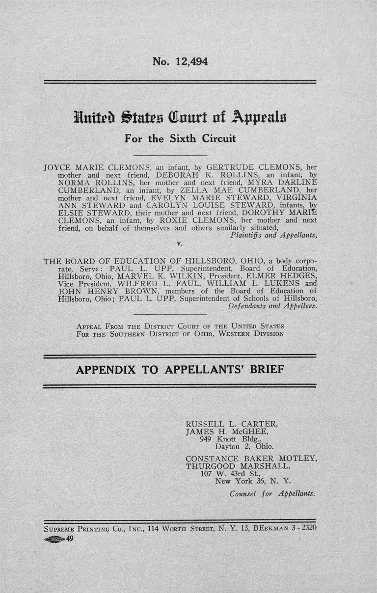 Clemons v. Hillsboro, OH Board of Education Appendix to Appellants' Brief preview