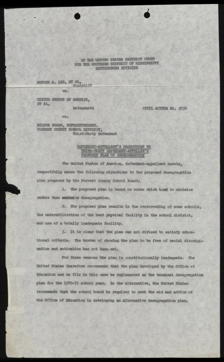Defendant-Appellant's Objection to Third-Party Defendant-Appellee's Proposed Desegregation Plan preview