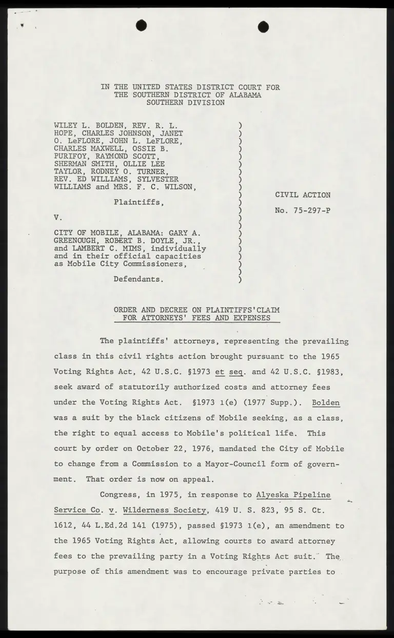Mobile v. Bolden Order and Decree on Plaintiffs' Claim for Attorneys' Fees and Expenses preview