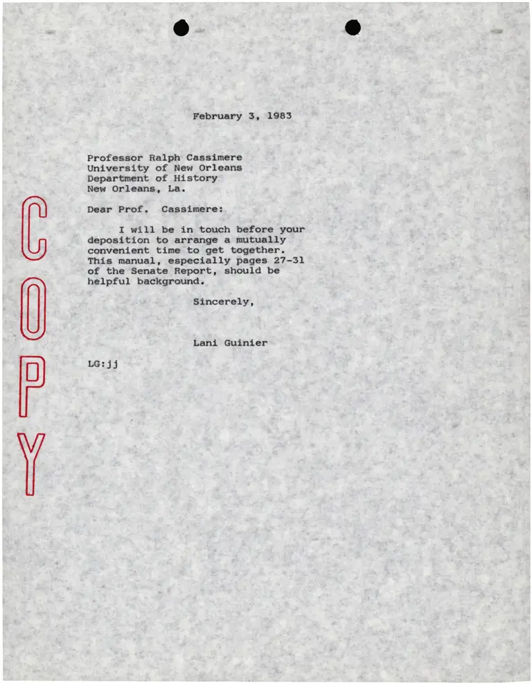 Correspondence from Lani Guinier to Prof. Ralph Cassimere (University of New Orleans) preview