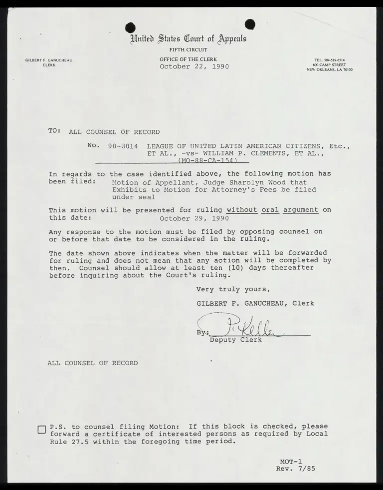 Correspondence from Clerk to Counsel Re: Filing of Wood's Motion preview