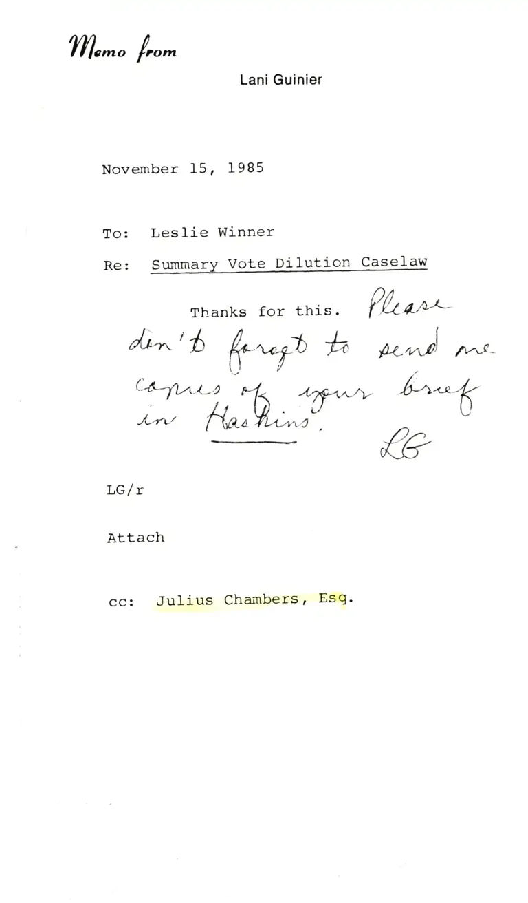 Correspondence from Guinier to Winner; Legal Research on Summary Vote Dilution Caselaw preview