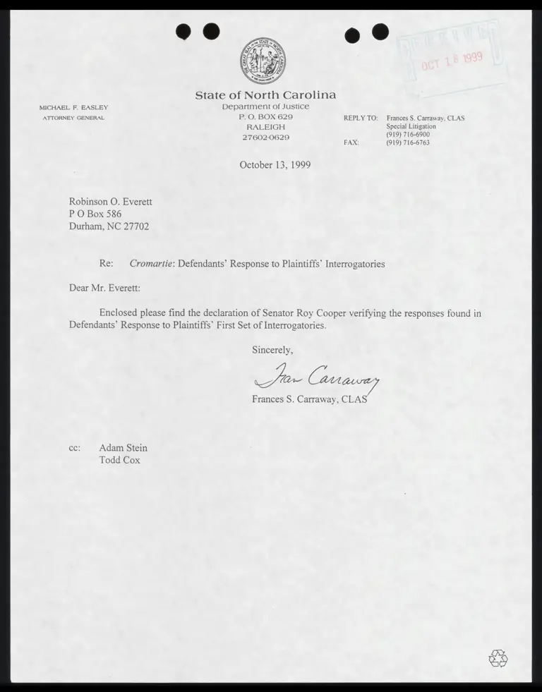 Letter to Everett from Carraway RE: defendants’ response to plaintiffs’ interrogatories preview