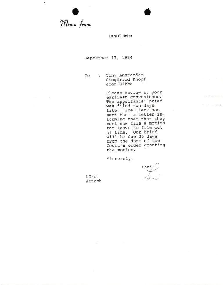 Memo from Lani Guinier RE Brief due date preview
