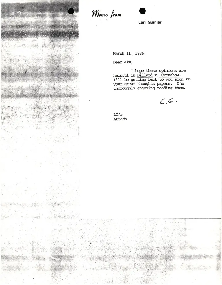 Memorandum from Lani Guinier to Jim Re Dillard v. Crenshaw preview