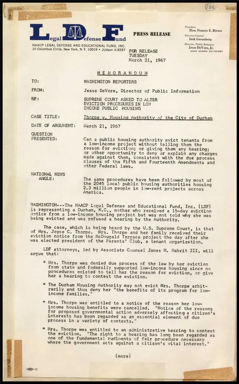 Memorandum re: Supreme Court Asked to Alter Eviction Procedures in Low Income Public Housing preview