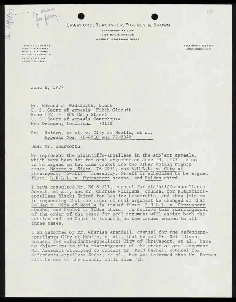 Letter to Wadsworth from Blacksher RE: Proposed Rearrangement of Order of Cases for Oral Argument preview