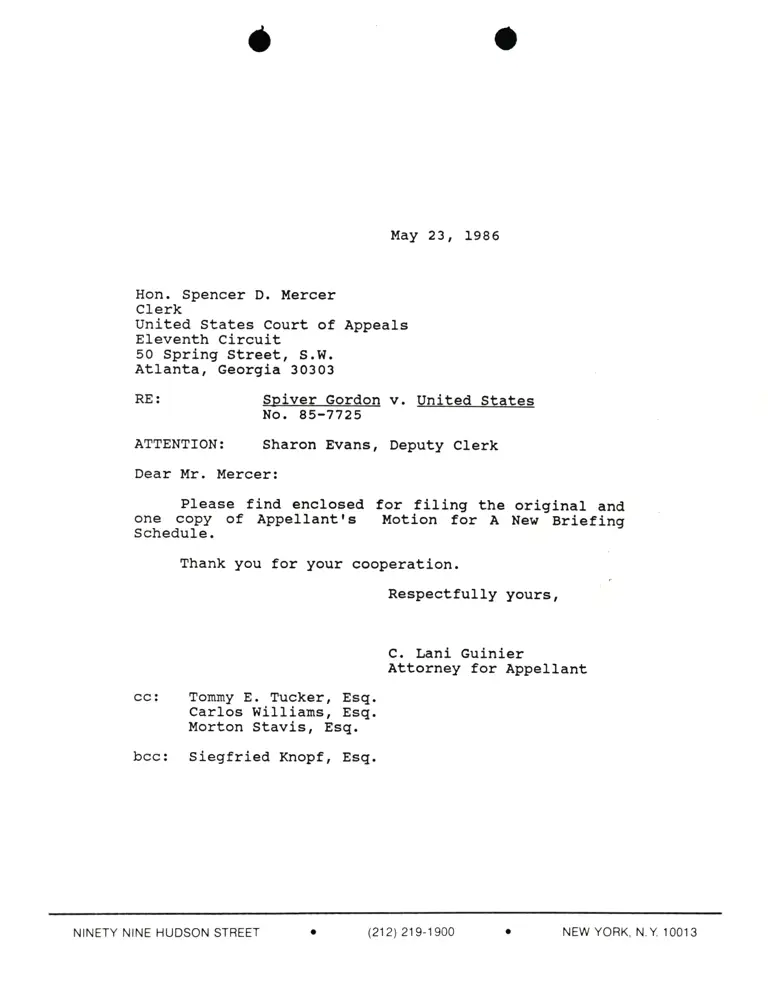 Correspondence from Lani Guinier to Spencer D. Mercer (Clerk) Re: Spiver Gordon v. United States preview