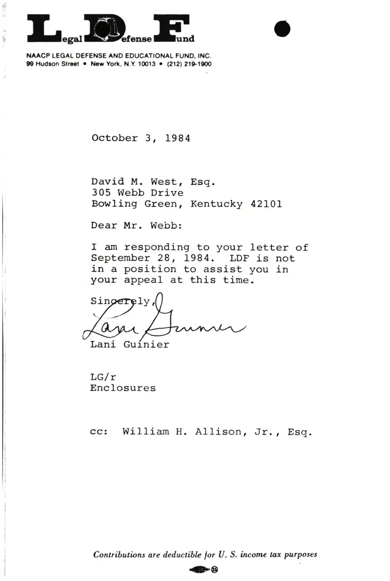 Letter from Lani Guinier to David West RE Appeal preview