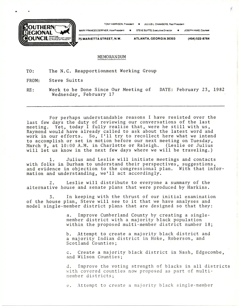 Memorandum from Suitts to North Carolina Reapportionment Group preview