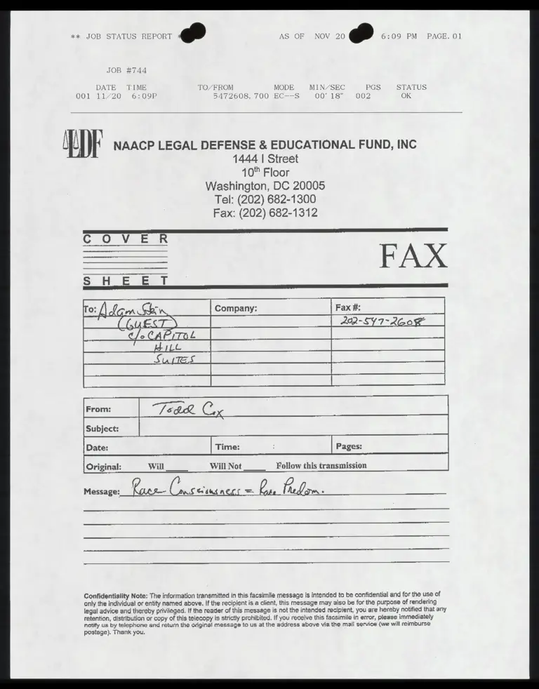 Correspondence from Cox to Stein Re: Race Consciousness Notes preview