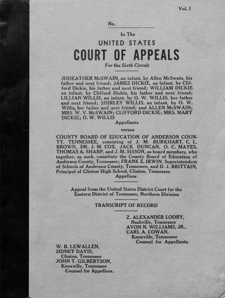 McSwain v. County Board of Education of Anderson County, Tennessee Transcript of Record preview