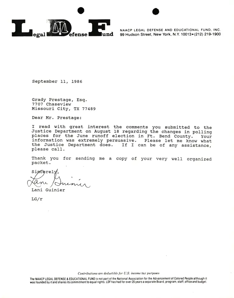 Correspondence from Lani Guinier to Grady Prestage preview