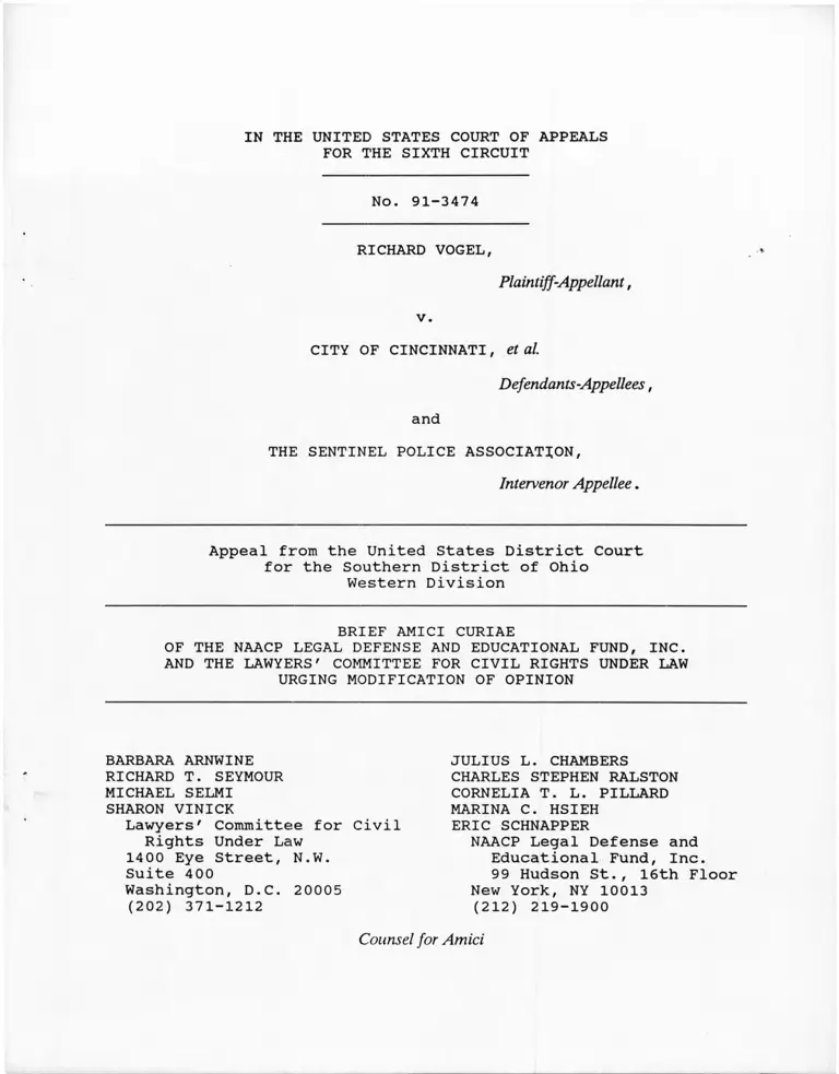 Vogel v. City of Cincinnati Brief Amici Curiae Urging Modification of Opinion preview