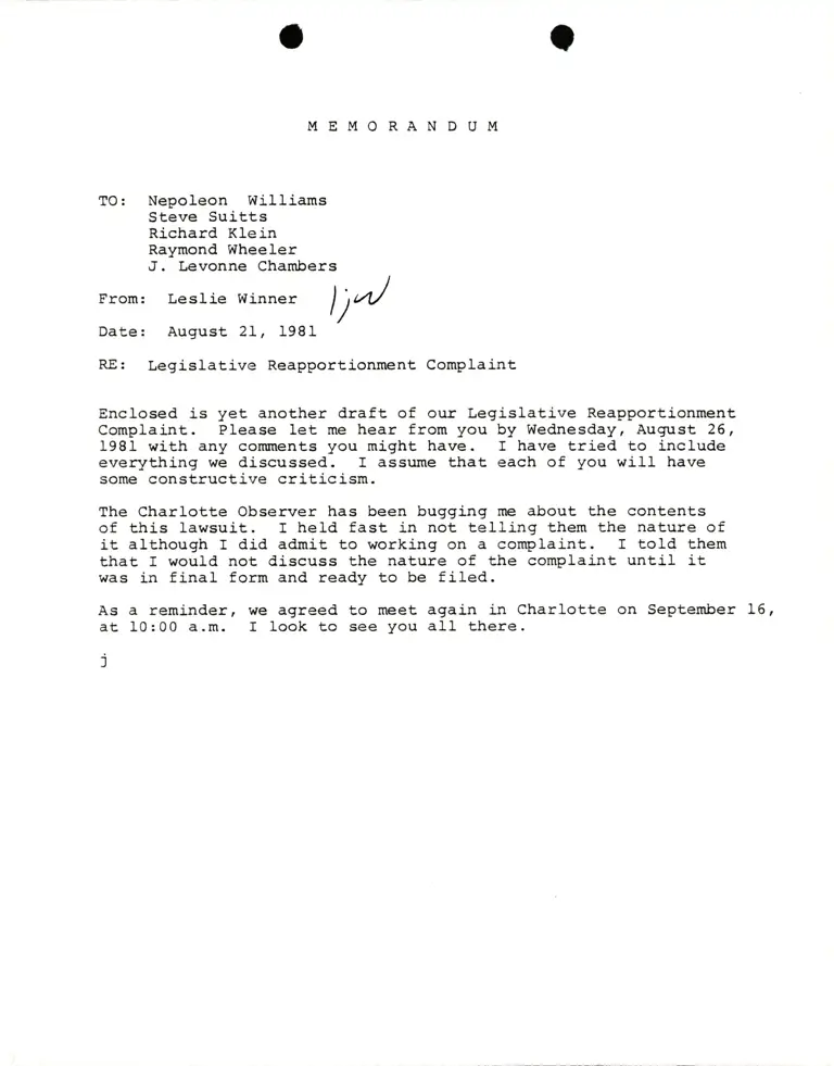 Memorandum from Winner to Williams, Suitts, Klein, Wheeler, and Chambers preview