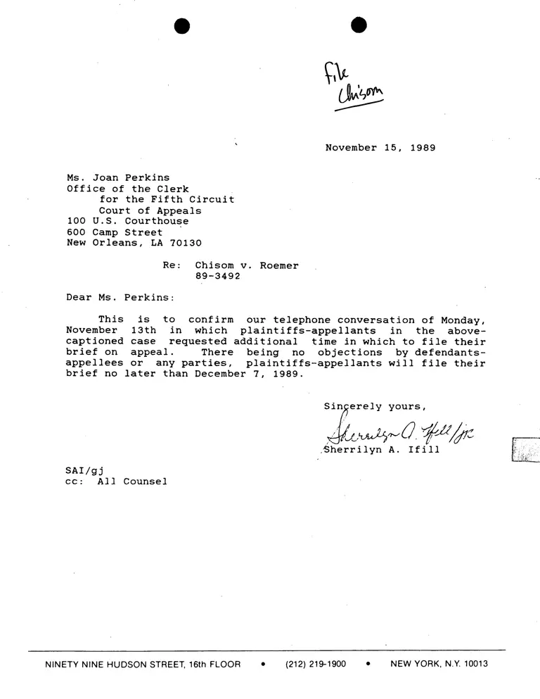 Correspondence from Ifill to Perkins (Clerk) preview