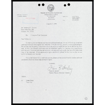 Letter to Everett From Smiley RE: Cromartie Trial Transcription preview