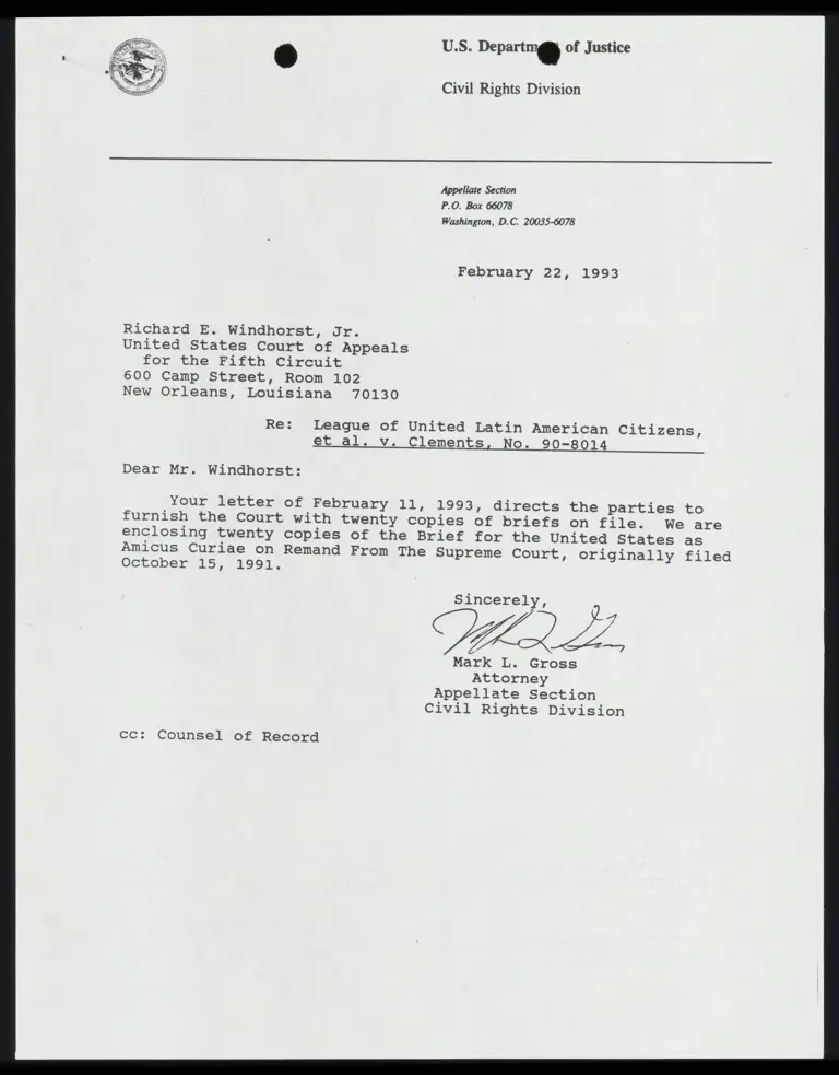 Correspondence from Gross to Windhorst Re: US Amicus Brief preview