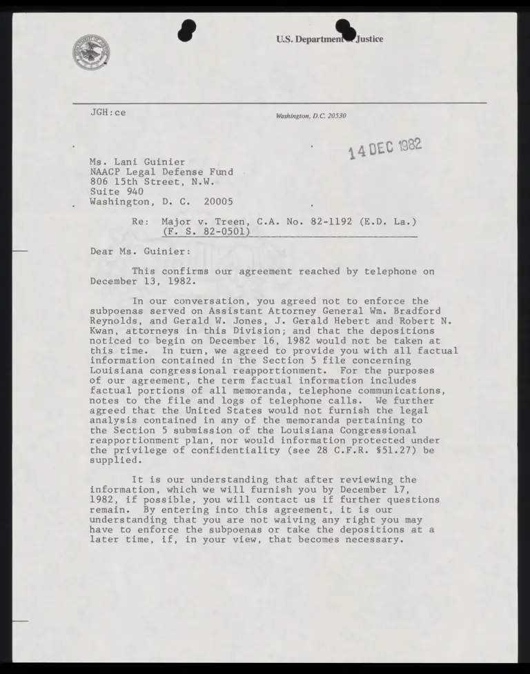 Correspondence from Hebert (DOJ) to Guinier preview