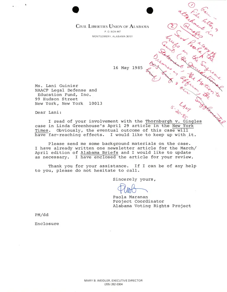 Ltr. from Paola Maranan to Lani Gunier and Article from Alabama Briefs Newsletter preview