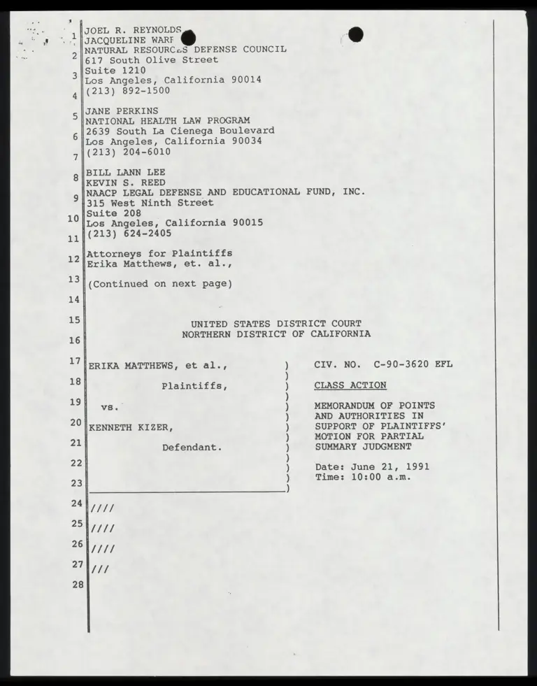 Memorandum of Points and Authorities in Support of Plaintiffs' Motion for Partial Summary Judgement preview