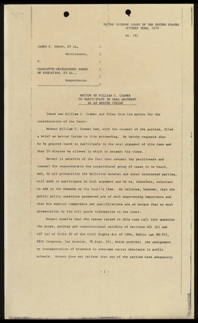 Motion of William C. Cramer to Participate in Oral Argument as an Amicus Curiae preview