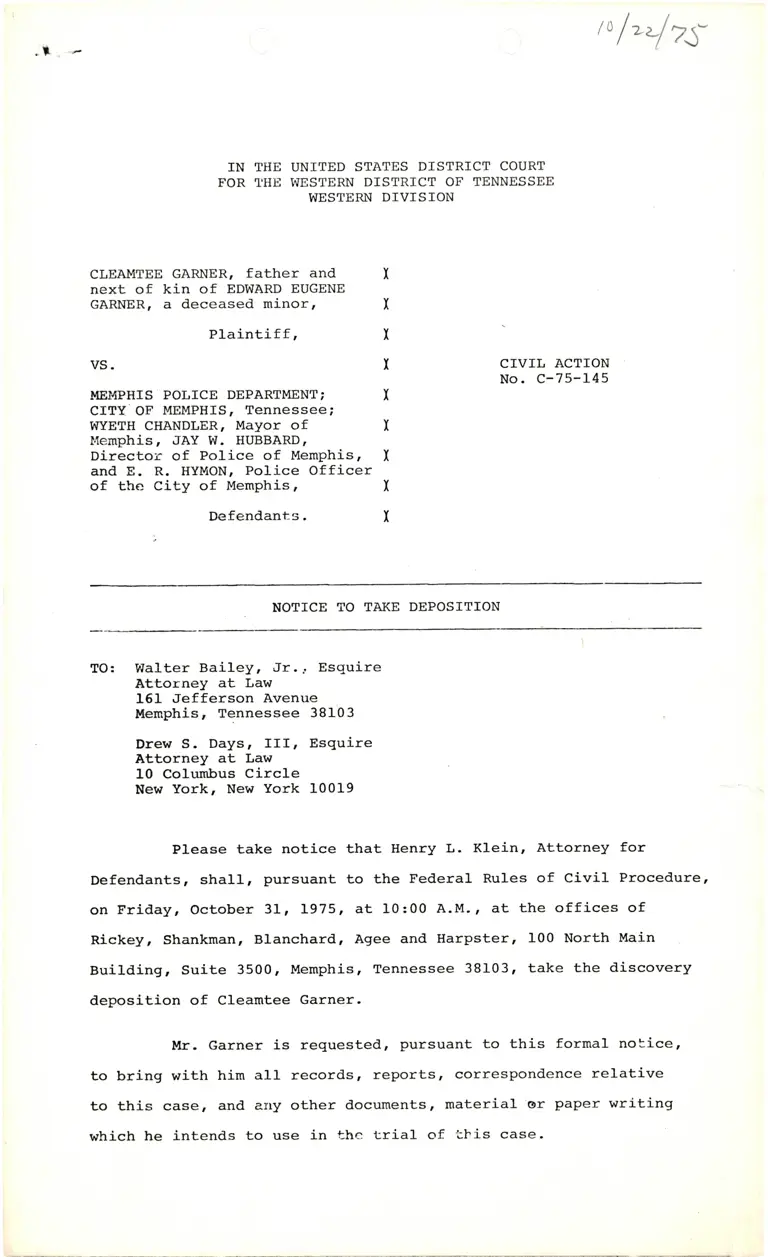 Notice to Take Deposition of Cleamtee Garner preview