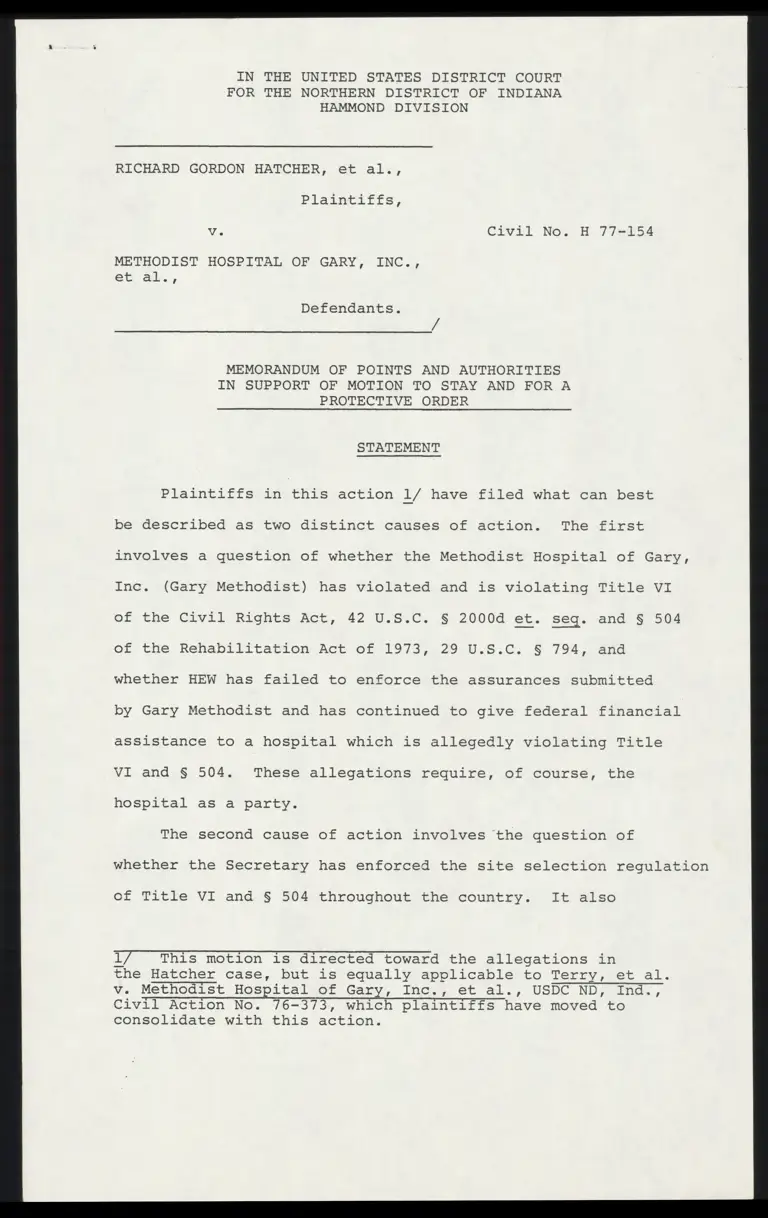 Memorandum of Points and Authorities in Support of Motion to Stay and for a Protective Order; Motion for Protective Order; Motion to Stay preview