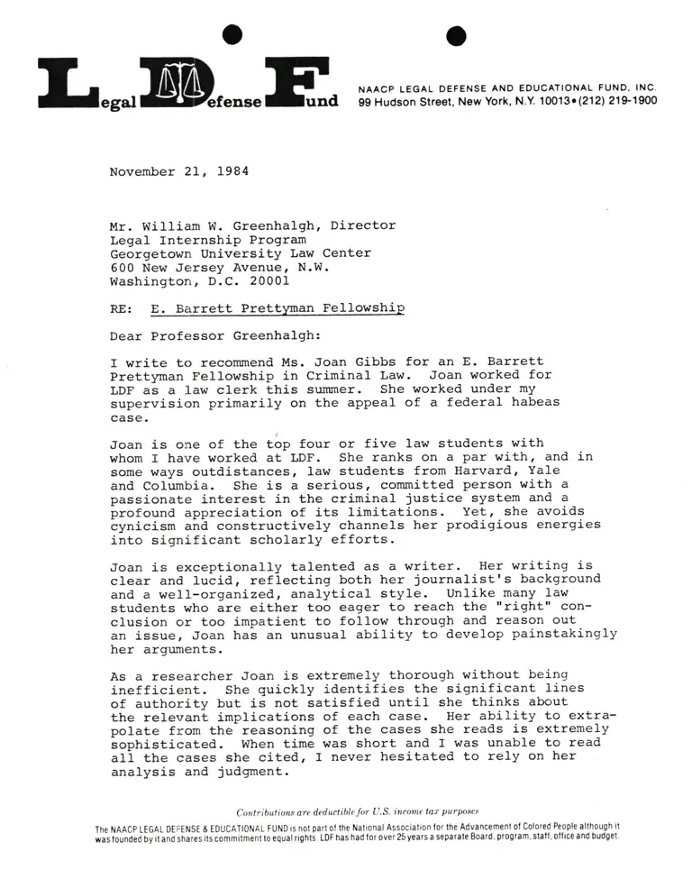 Letter from Lani Guinier to William W. Greenhalgh RE: E. Barrett Prettyman Fellowship preview
