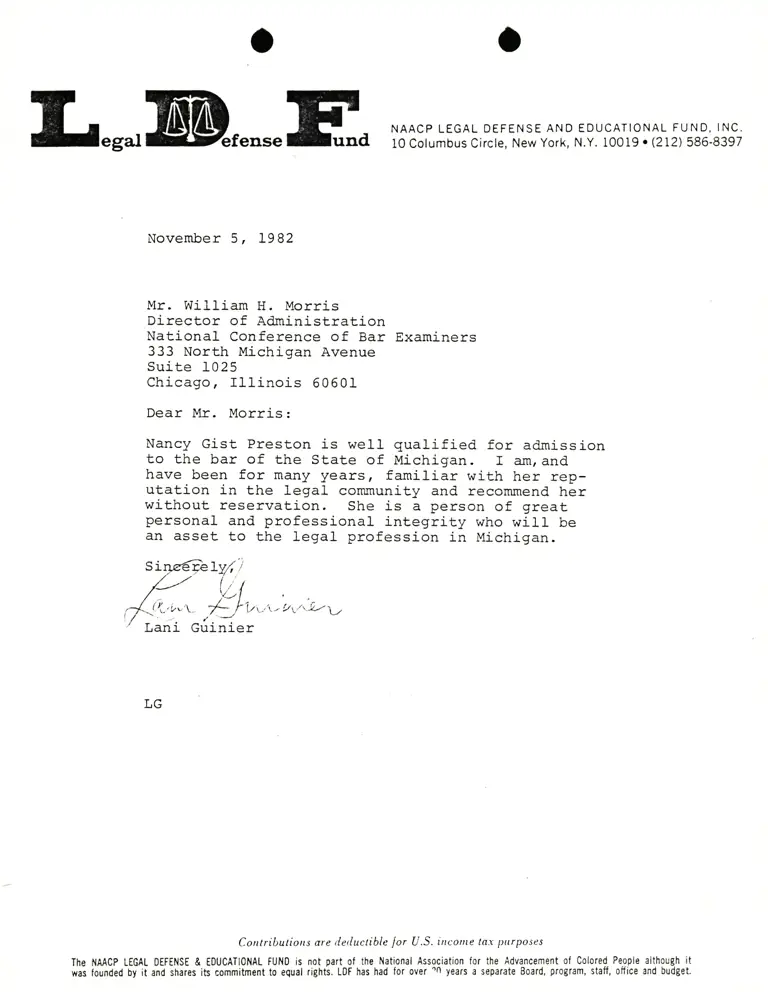 Letter from Lani Guinier to William Morris re support for Nancy Gist Preston Michigan Bar Admission preview