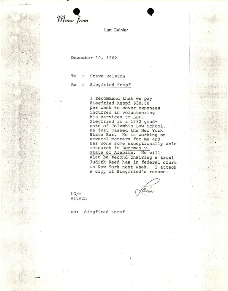 Memo from Lani Guinier to Steve Ralston re Siegrief Knopf preview