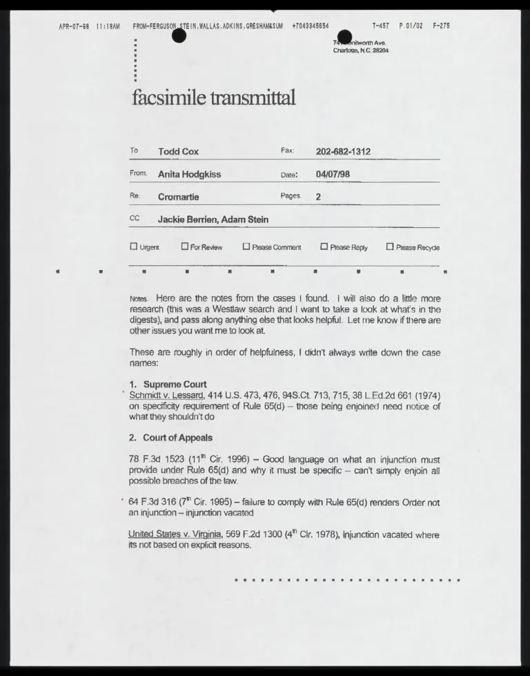 Fax From Hodgkiss to Cox RE: Legal Analysis of Related Cases preview