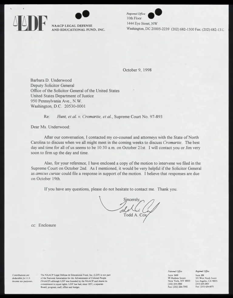 Letter to Underwood From Cox RE: Meeting Times and Copy of Motion preview