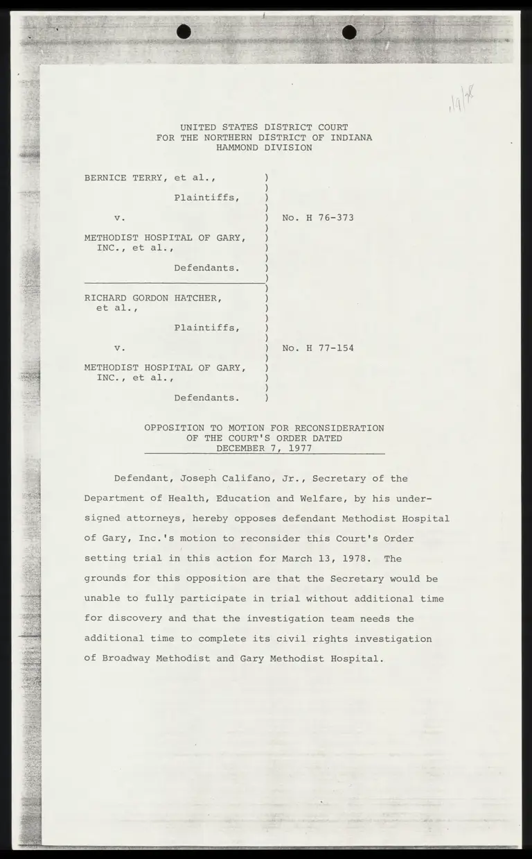 Opposition to Motion for Reconsideration of the Court's Order Dated December 7, 1977; Affidavit of Rebecca L. Ross preview