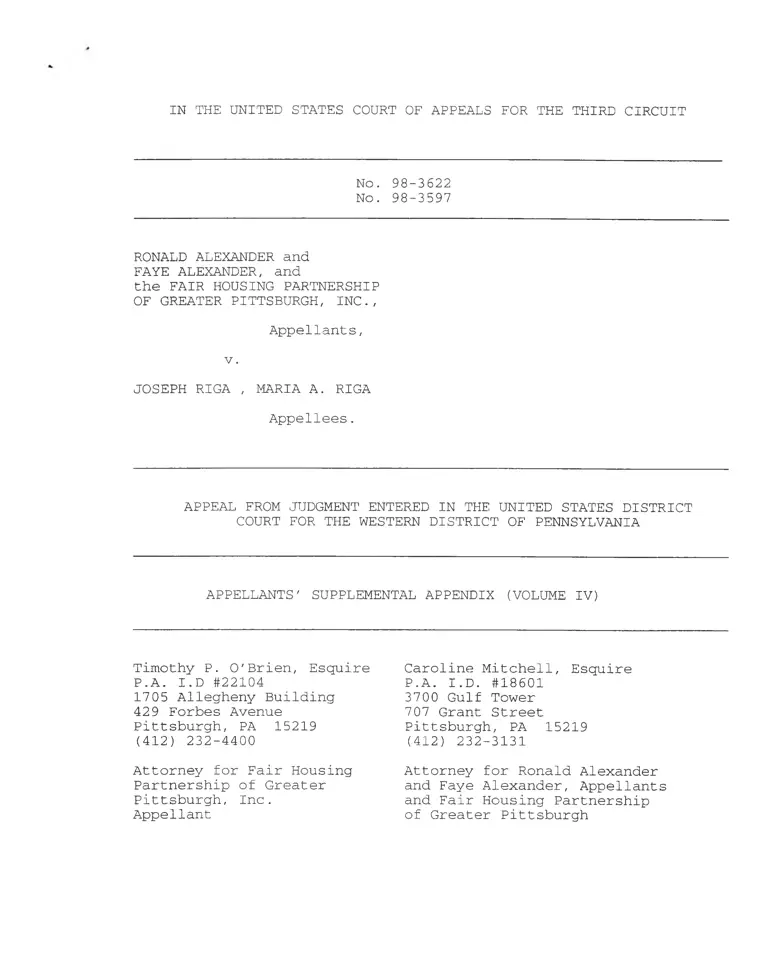 Alexander v. Riga Appellants' Supplemental Appendix (Volume IV) preview