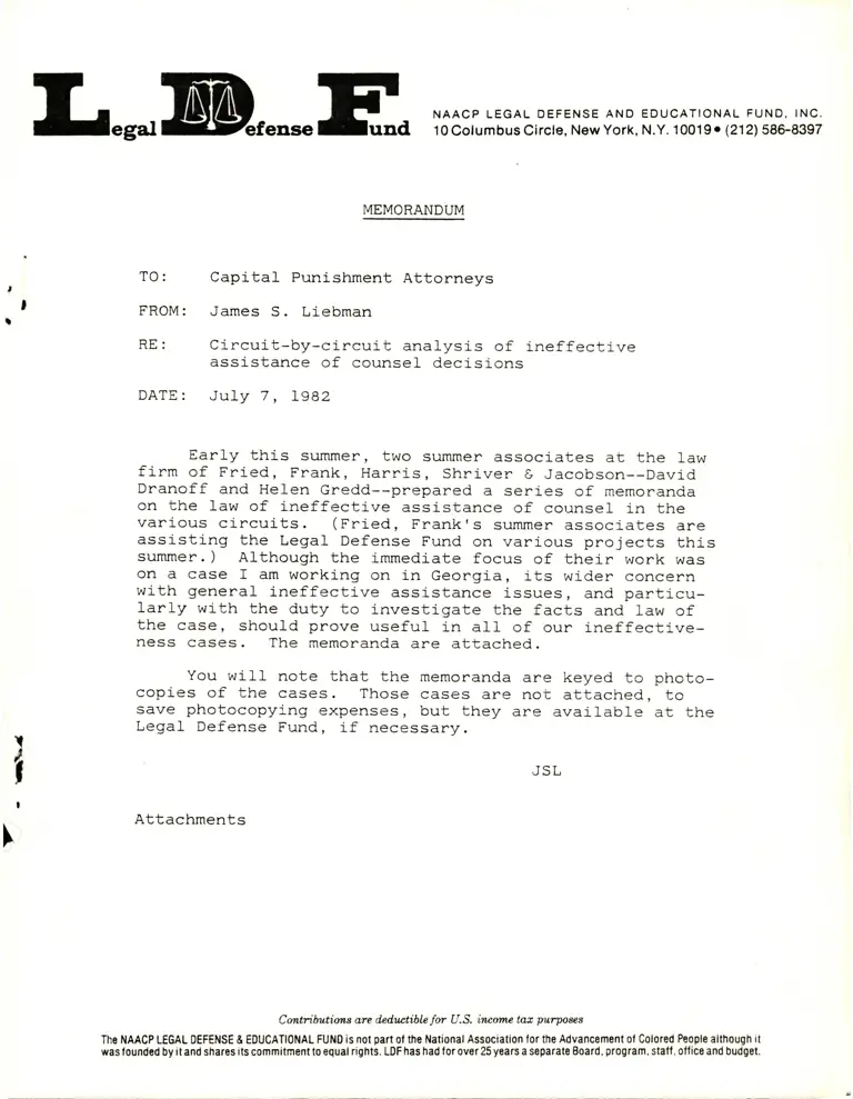 Correspondence from Liebman to Capital Punishment Attorneys; Memorandum on Ineffective Assistance of Counsel preview