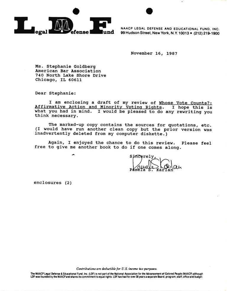 Correspondence from Pamela Karlan to Stephanie Goldberg (American Bar Association) preview
