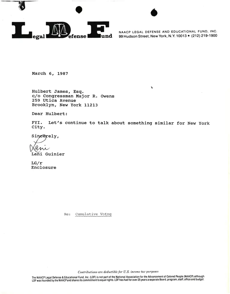 Correspondence from Lani Guinier to Hulbert James Re: Cumulative Voting preview