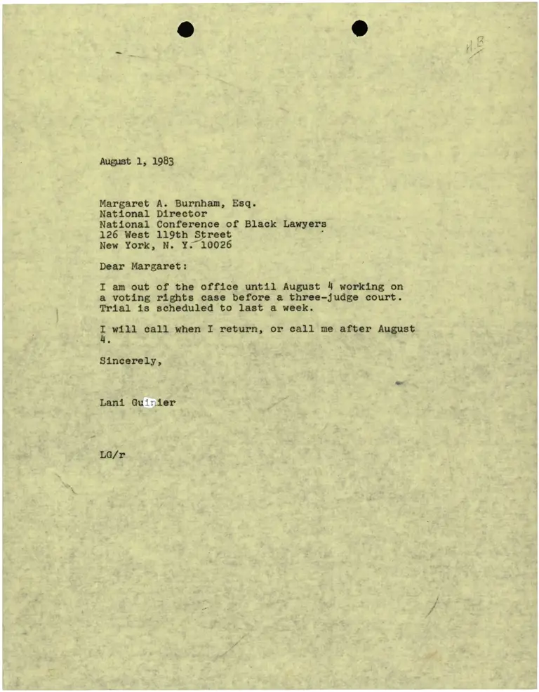 Correspondence from Lani Guinier to Margaret A. Burnham preview