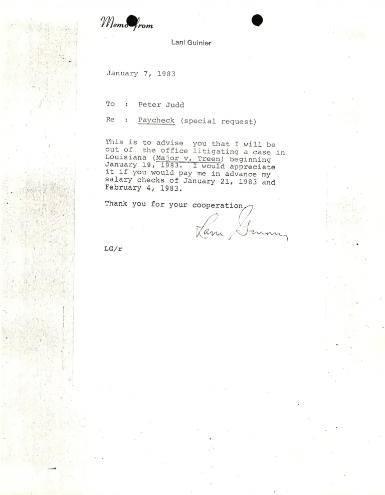 Memorandum from Lani Guinier to Peter Judd Re: Paycheck (Special Request) preview