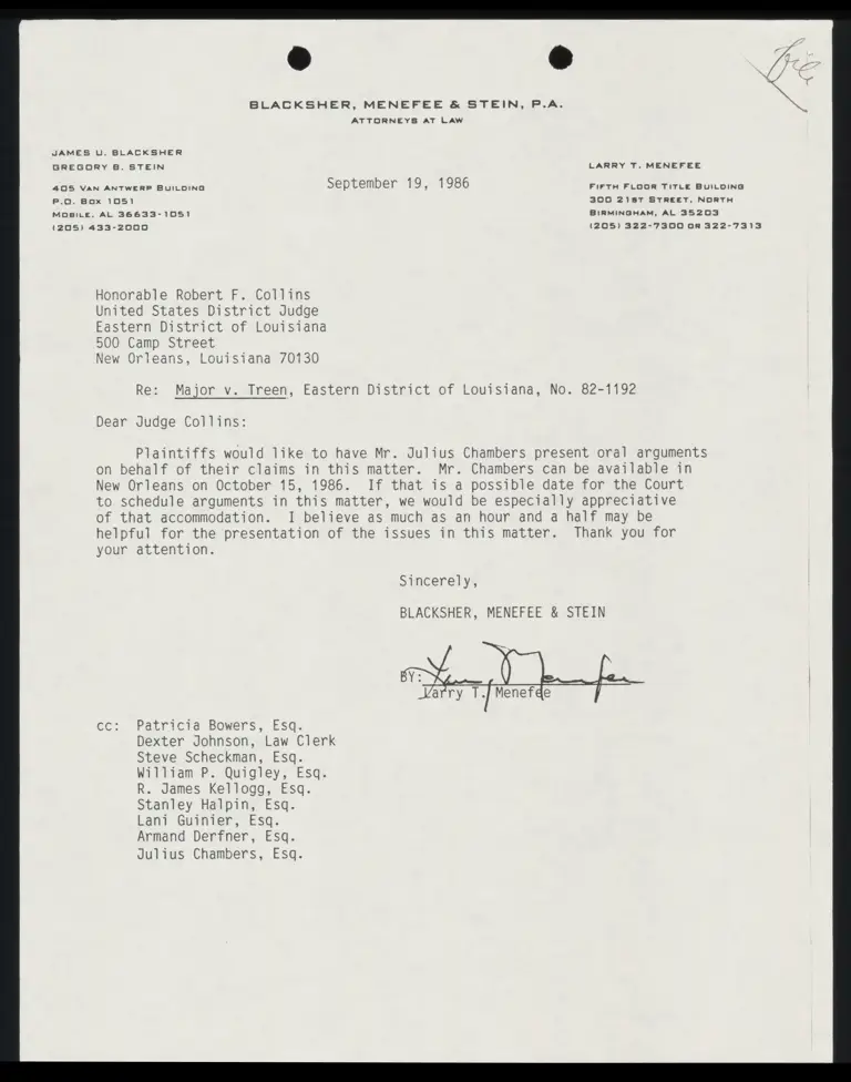 Correspondence from Menefee to Collins (Judge) preview