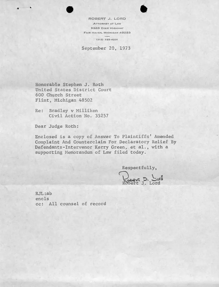 Letter from Lord to Roth RE: Copy of Answer To Plaintiffs' Amended Complaint And Counterclaim For Declaratory Relief with Supporting Memo of Law preview