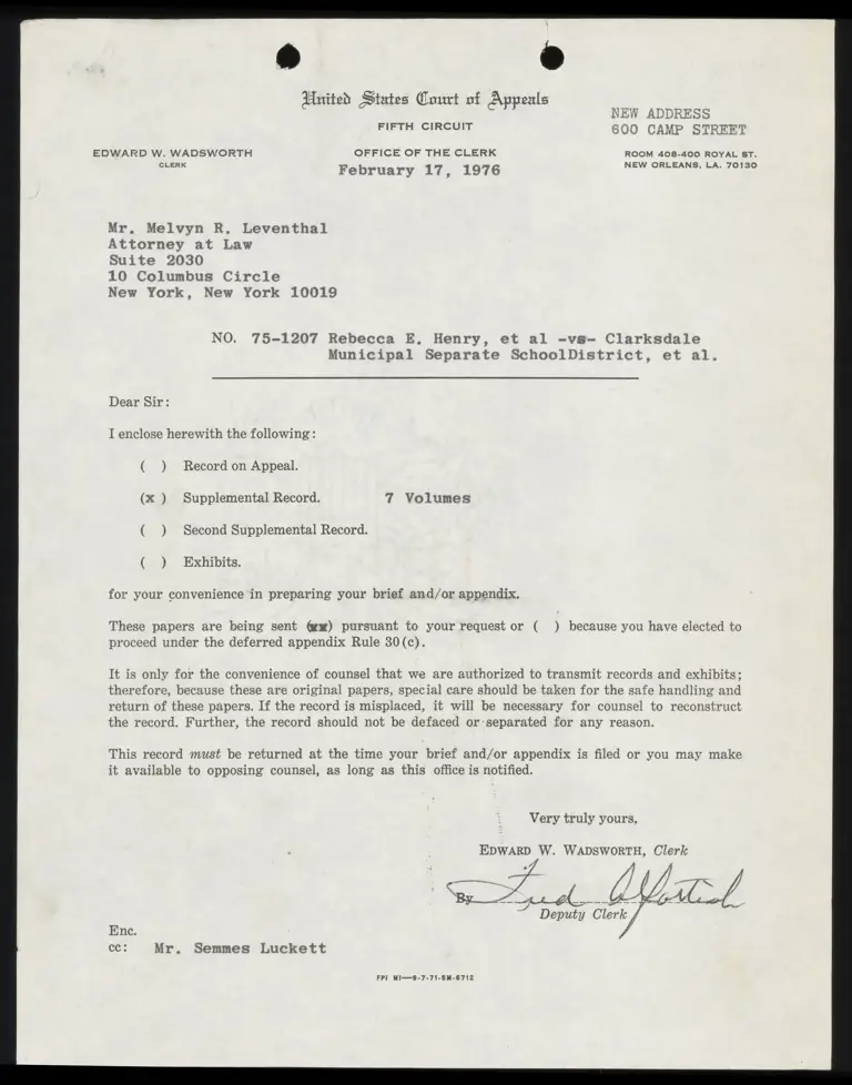 Correspondence from Clerk to Leventhal Re: Supplemental Record preview